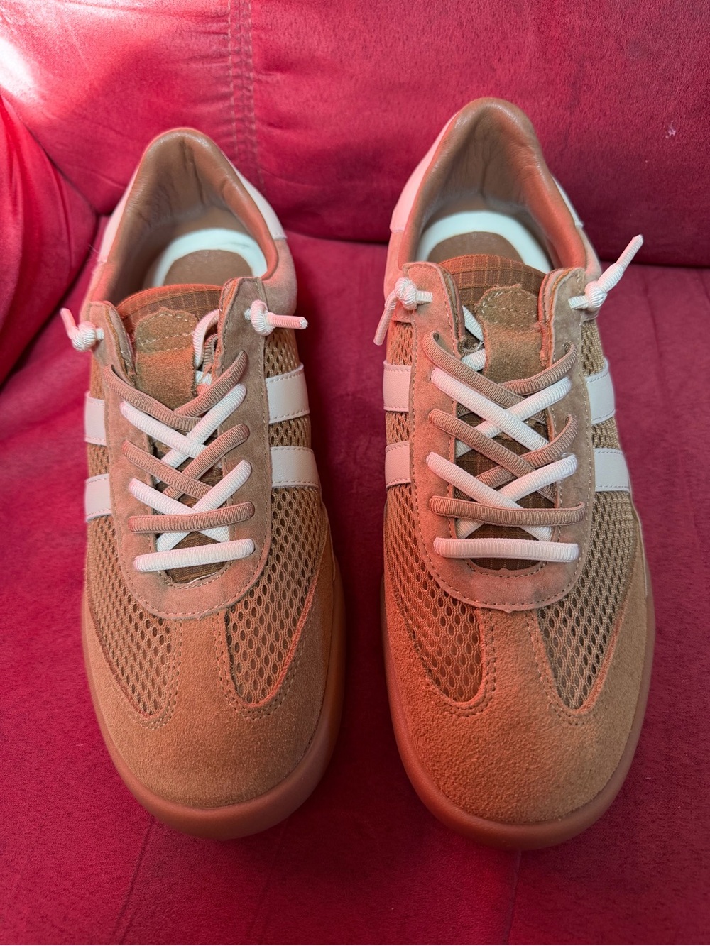 Steve Madden Tan Suede & Mesh Sneakers with White Stripes - Picture 2 of 8
